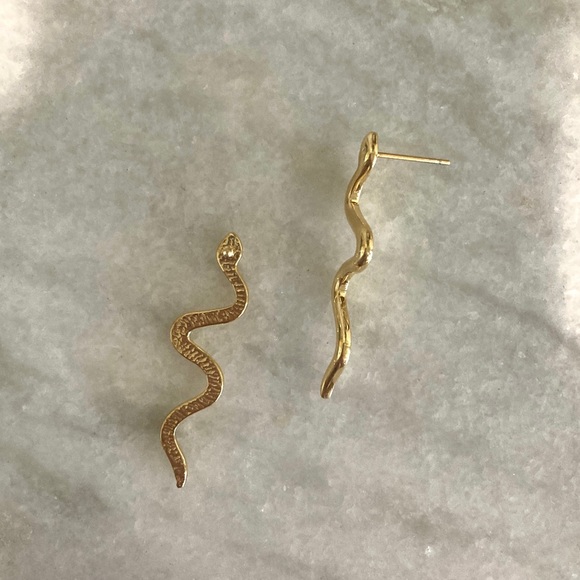 Gold Snake Minimalist Drop Earrings - Picture 4 of 6